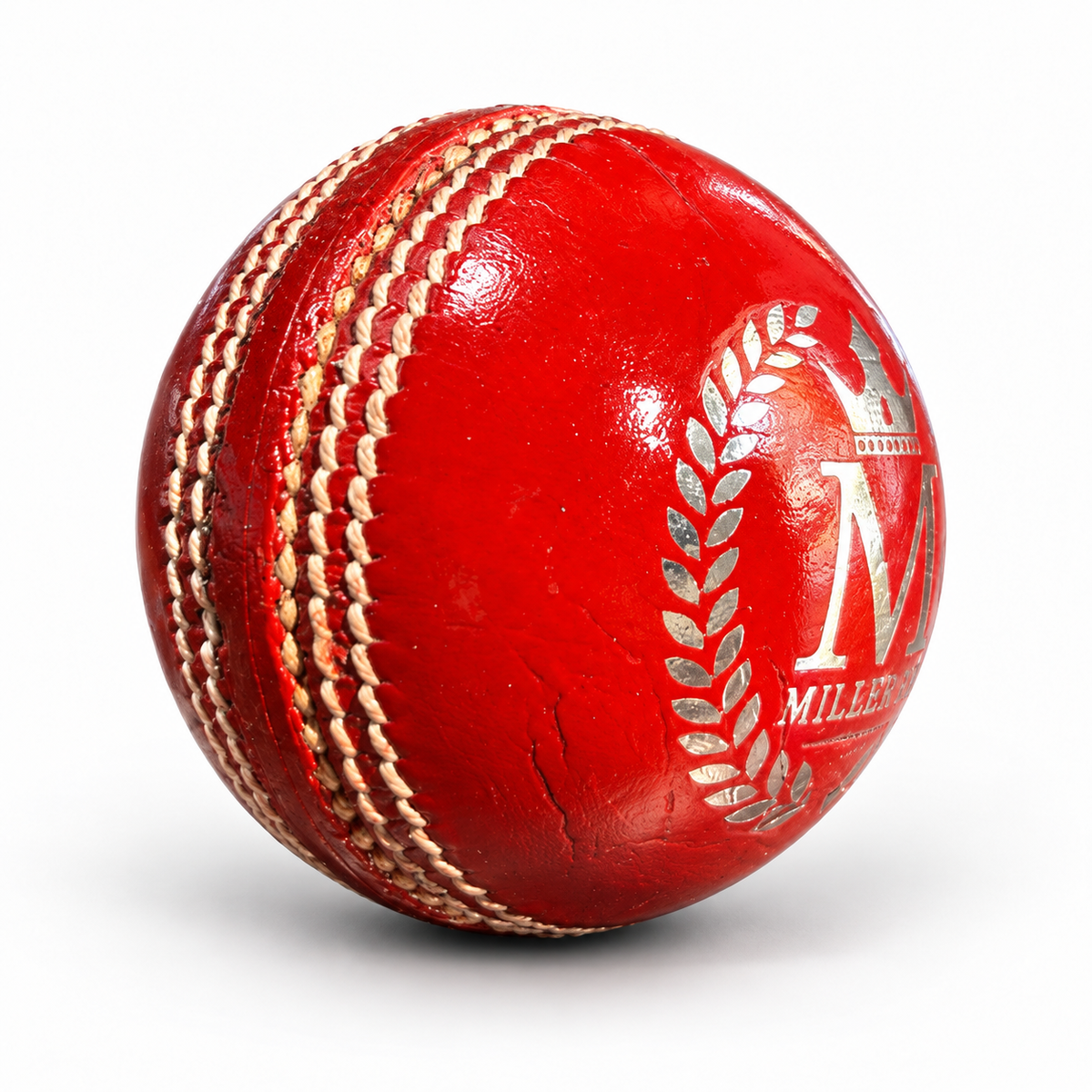 Milestone 2 Piece Icon Red 156G Cricket Ball seam and Milestone branding view