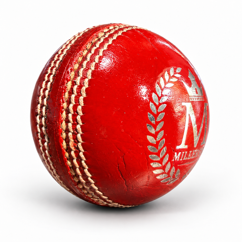 Milestone 2 Piece Icon Red 156G Cricket Ball seam and Milestone branding view