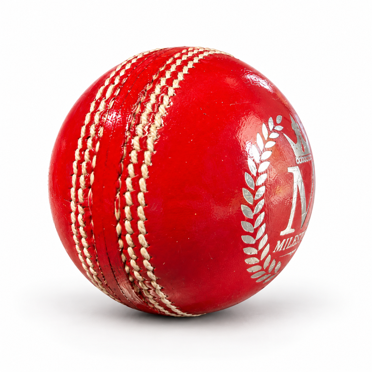 Milestone 4 Piece Icon Red 156G Cricket Ball seam and branding view